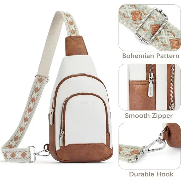 Leather Sling Bag for Women Vintage Crossbody Purse with Guitar Strap Bohemian - Picture 7 of 8